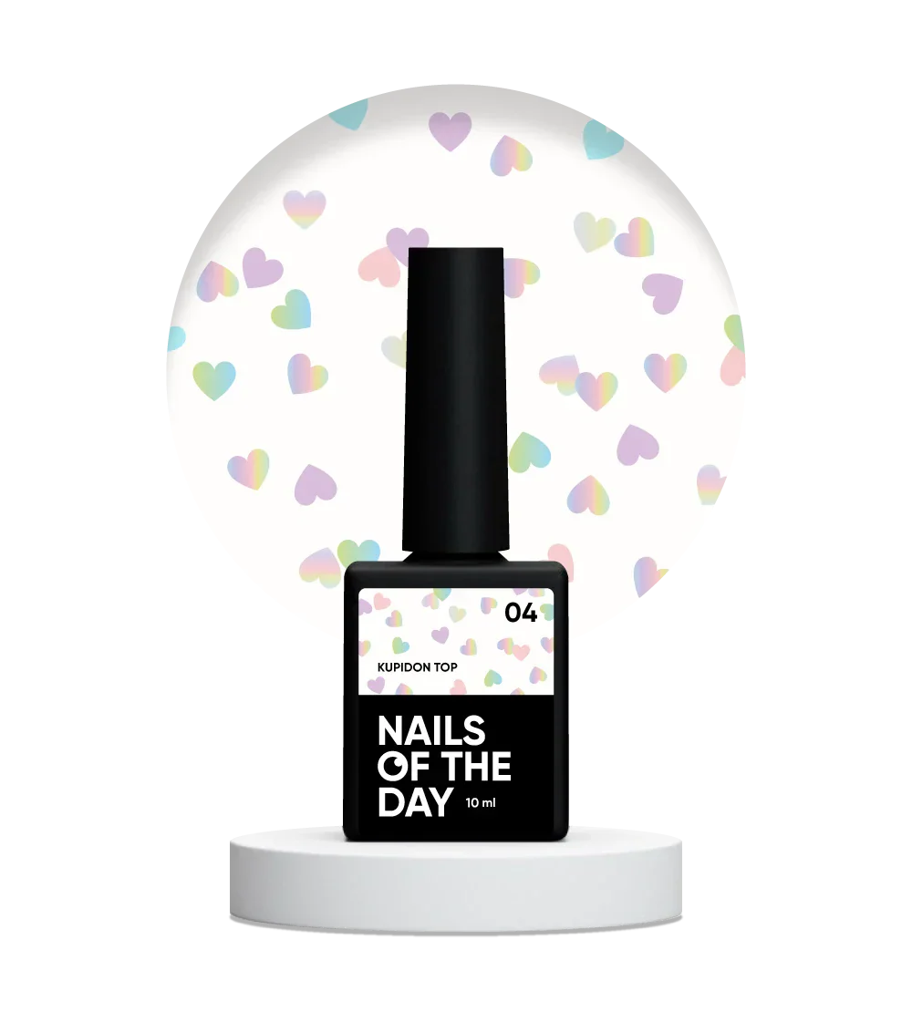 NAILSOFTHEDAY Kupidon Top 04 — top coat con corazones holográficos, sin capa pegajosa, 10 ml.