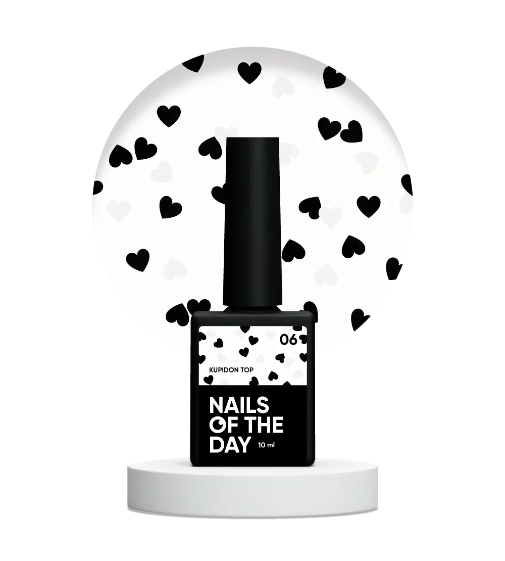 NAILSOFTHEDAY Kupidon Top 06 — top coat con corazones negros y blancos, sin capa pegajosa, 10 ml.