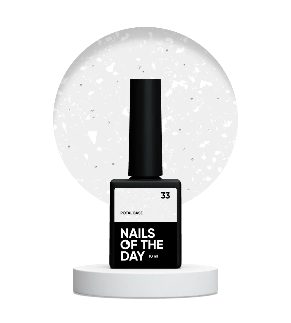 NAILSOFTHEDAY Potal base 33 — base semitransparente con destellos blancos y reflejos plateados finos, 10 ml.