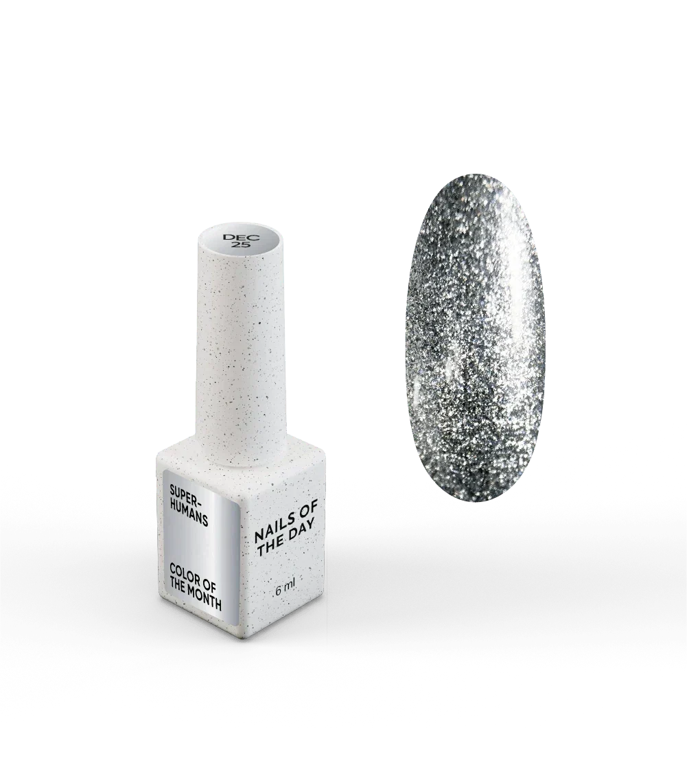NAILSOFTHEDAY Color of the Month Diciembre 2025 SUPERHUMANS — tono acero con pan de plata, cobertura completa en una sola capa, 6 ml