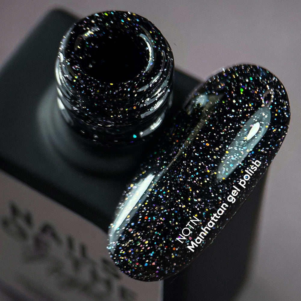 NAILSOFTHENIGHT Manhattan gel polish - esmalte semipermanente reflectante negro con brillo holográfico para uñas, 10 ml
