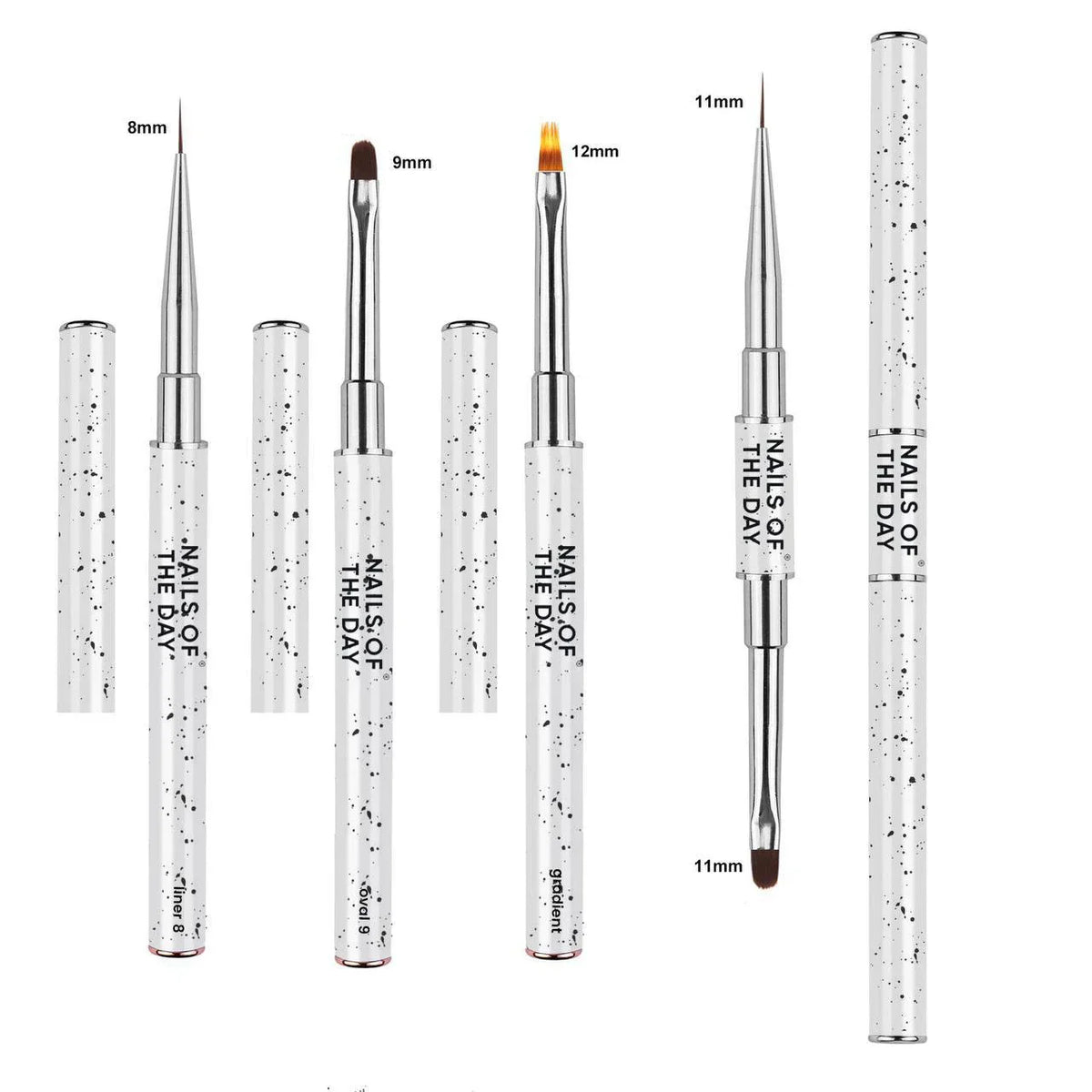NAILSOFTHEDAY Professional Brush 2-in-1: Liner + Oval — pincel profesional metálico de doble cara con tapas, diseñado para trazos finos y para la aplicación de gel. Liner de 11 mm + óvalo plano de 11 mm.