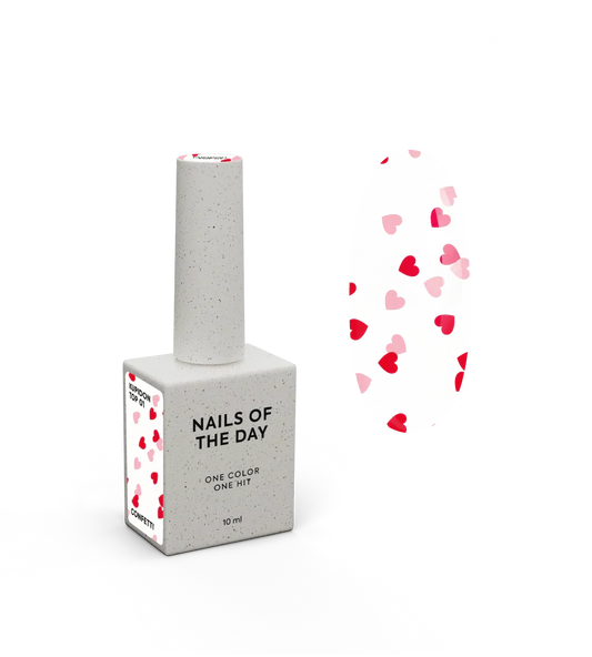 NAILSOFTHEDAY Kupidon top 01: top delicado para uñas con corazones de color rojo intenso y rosa, sin capa pegajosa, 10 ml