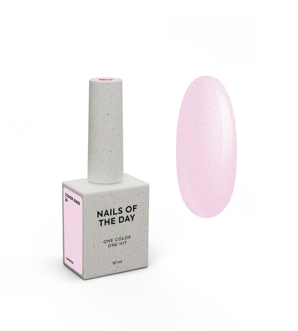 Nailsoftheday Cover base NEW Formula 26 — suave tono rosa con shimmer plateado, de brillo más frío, una base camuflaje para uñas, 10 ml.