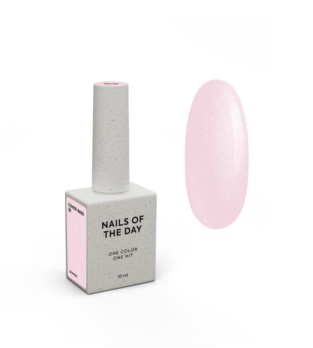 Nailsoftheday Cover base NEW Formula 28 — semitransparente tono rosa empolvado con shimmer plateado, una base camuflaje para uñas, 10 ml.