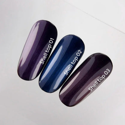 NAILSOFTHEDAY Shell Top 01 Nueva Fórmula — top perlado con efecto de frotado violeta, sin capa pegajosa, 10 ml