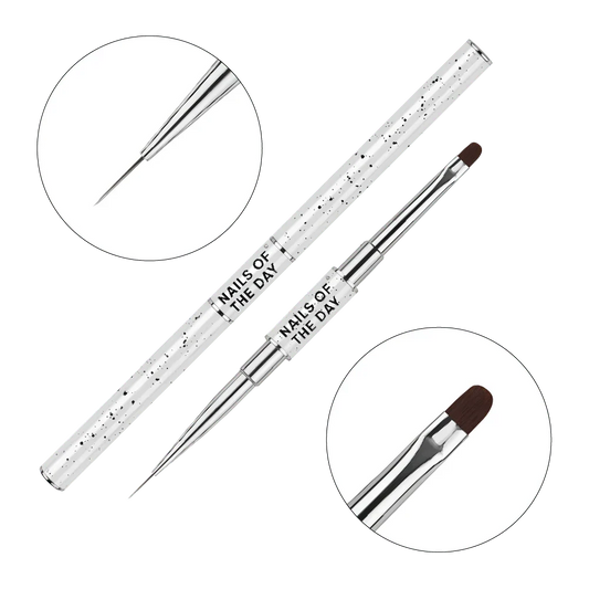 NAILSOFTHEDAY Professional Brush 2-in-1: Liner + Oval — pincel profesional metálico de doble cara con tapas, diseñado para trazos finos y para la aplicación de gel. Liner de 11 mm + óvalo plano de 11 mm.