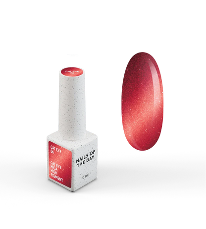 NAILSOFTHEDAY Gel Polish Cat Eye 06 — esmalte semipermanente rojo efecto ojo de gato con partículas metálicas finas y un ligero efecto reflectante. Cobertura total en una sola capa. 6 ml.