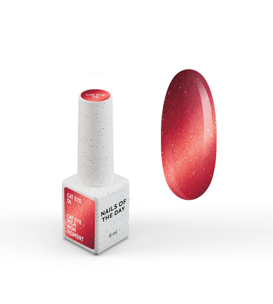 NAILSOFTHEDAY Gel Polish Cat Eye 06 — esmalte semipermanente rojo efecto ojo de gato con partículas metálicas finas y un ligero efecto reflectante. Cobertura total en una sola capa. 6 ml.