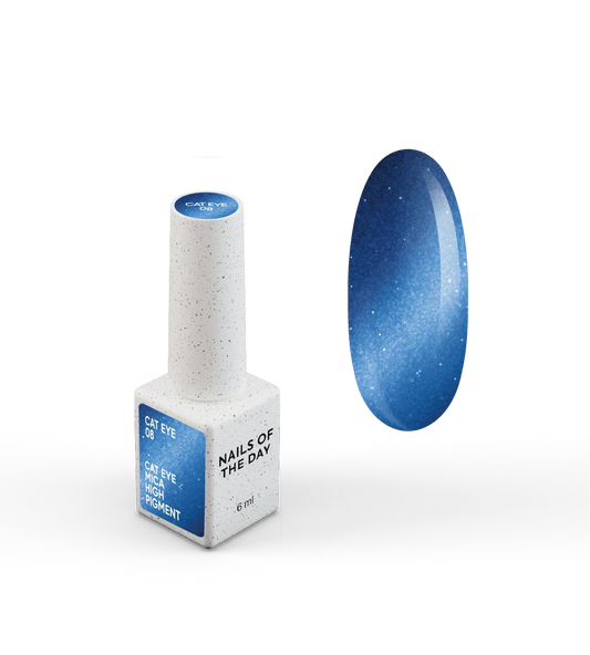 NAILSOFTHEDAY Gel Polish Cat Eye 08 — esmalte semipermanente azul efecto ojo de gato con partículas metálicas finas y un ligero efecto reflectante. Cobertura total en una sola capa. 6 ml.