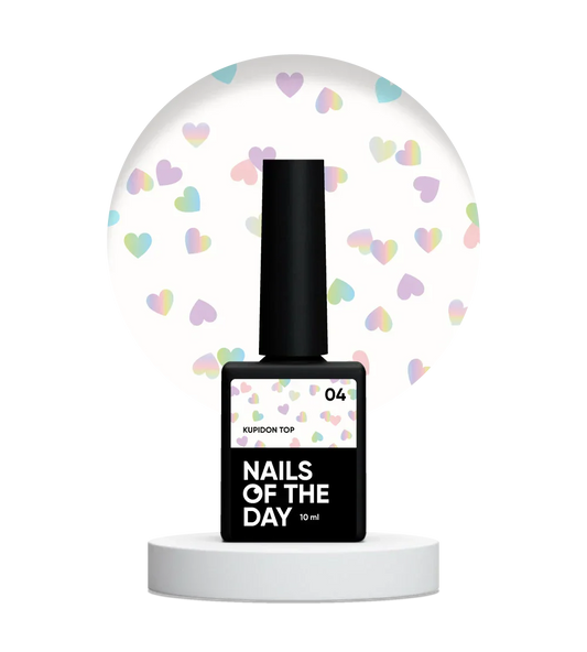NAILSOFTHEDAY Kupidon Top 04 — top coat con corazones holográficos, sin capa pegajosa, 10 ml.