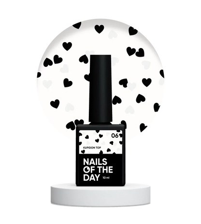 NAILSOFTHEDAY Kupidon Top 06 — top coat con corazones negros y blancos, sin capa pegajosa, 10 ml.