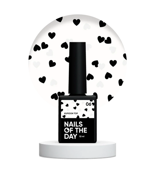 NAILSOFTHEDAY Kupidon Top 06 — top coat con corazones negros y blancos, sin capa pegajosa, 10 ml.