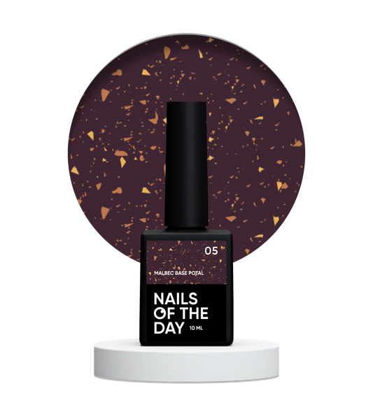 NAILSOFTHEDAY Malbec base potal 05 – fantástica base imitacion cristal con elementos dorados, 10 ml