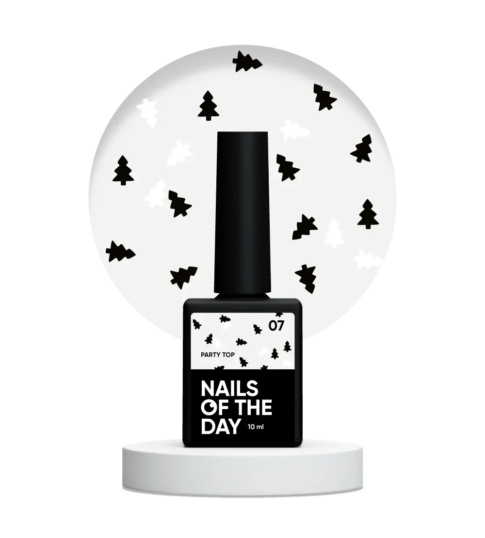 NAILSOFTHEDAY Party Top 07 — capa final brillante con purpurina holográfica en forma de árbol, en tonos blanco y negro, sin capa pegajosa, 10 ml.