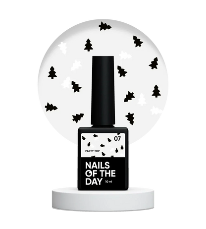 NAILSOFTHEDAY Party Top 07 — capa final brillante con purpurina holográfica en forma de árbol, en tonos blanco y negro, sin capa pegajosa, 10 ml.