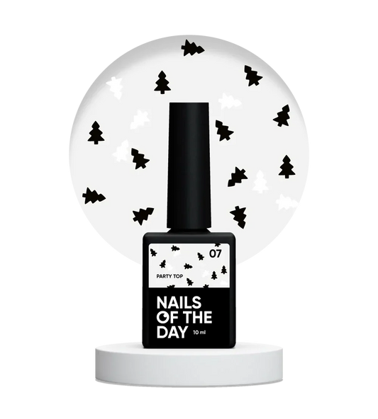 NAILSOFTHEDAY Party Top 07 — capa final brillante con purpurina holográfica en forma de árbol, en tonos blanco y negro, sin capa pegajosa, 10 ml.