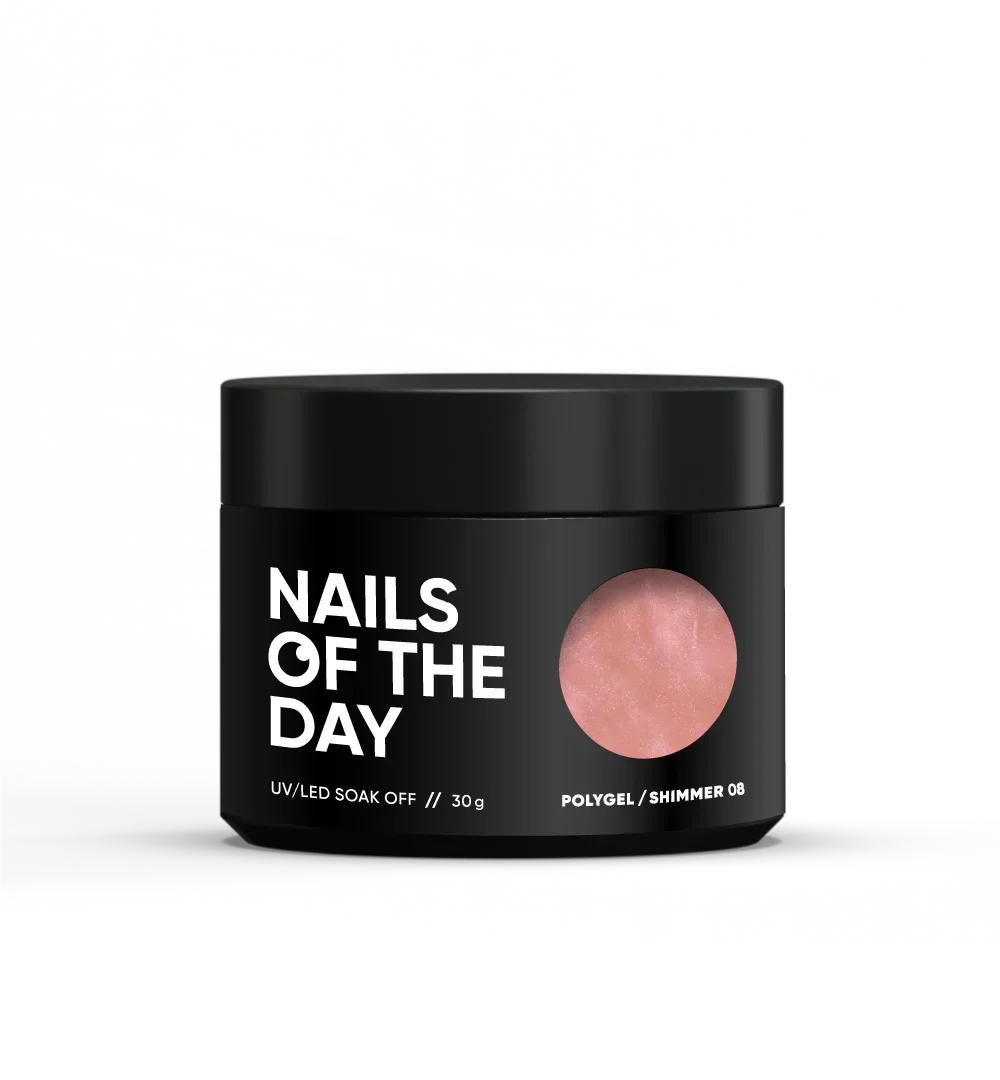 NAILSOFTHEDAY Polygel Shimmer 08 — Polígel rosa nude con shimmer plateado fino y intenso, 30 g