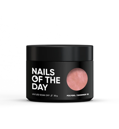 NAILSOFTHEDAY Polygel Shimmer 08 — Polígel rosa nude con shimmer plateado fino y intenso, 30 g