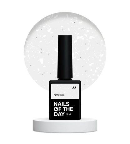 NAILSOFTHEDAY Potal base 33 — base semitransparente con destellos blancos y reflejos plateados finos, 10 ml.