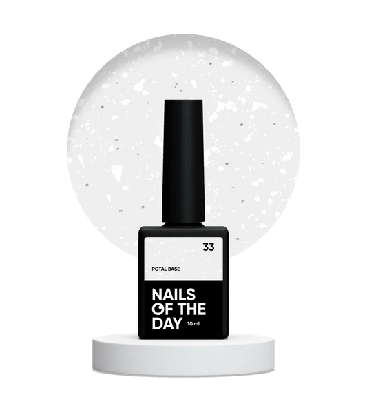 NAILSOFTHEDAY Potal base 33 — base semitransparente con destellos blancos y reflejos plateados finos, 10 ml.
