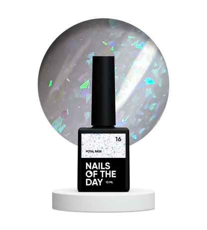 NAILSOFTHEDAY Potal base 16 – base lechosa suave con decoracion holográfica y elegante, 10 ml