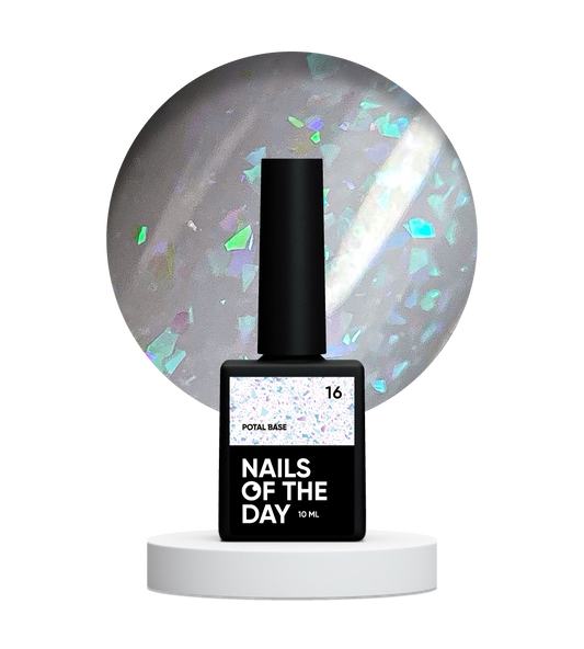 NAILSOFTHEDAY Potal base 16 – base lechosa suave con decoracion holográfica y elegante, 10 ml