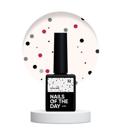 NAILSOFTHEDAY Potal base 32 — base lechosa con brillos negros y rojos, 10 ml