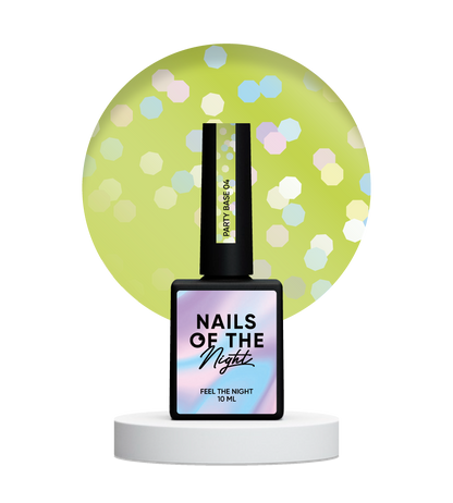 NAILSOFTHENIGHT Party base 04 – base verde limón neón con hexágonos holográficos, 10 ml