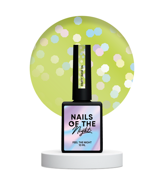 NAILSOFTHENIGHT Party base 04 – base verde limón neón con hexágonos holográficos, 10 ml