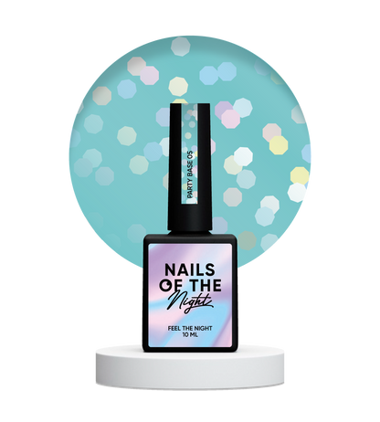 NAILSOFTHENIGHT Party base 05 – base azul neón con hexágonos holográficos, 10 ml