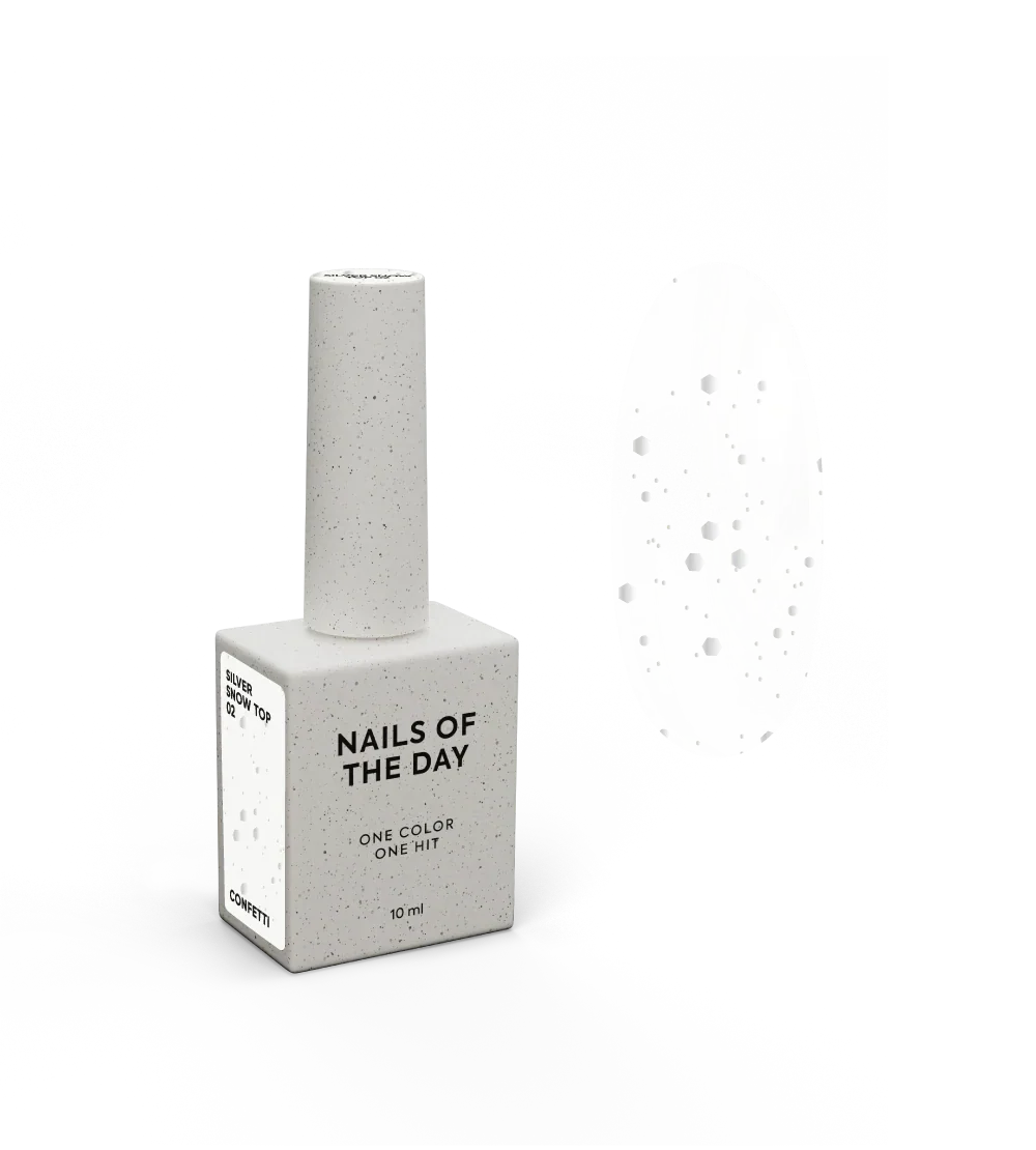 NAILSOFTHENIGHT Silver Snow top 02 — top con hexágonos plateados de diferentes tamaños, sin capa pegajosa, 10 ml
